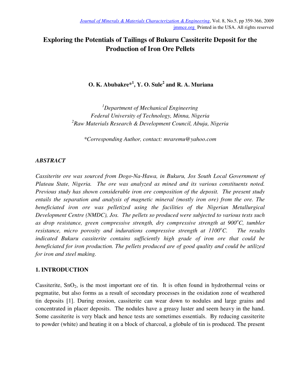 Exploring the Potentials of Tailings of Bukuru Cassiterite Deposit for the Production of Iron Ore Pellets