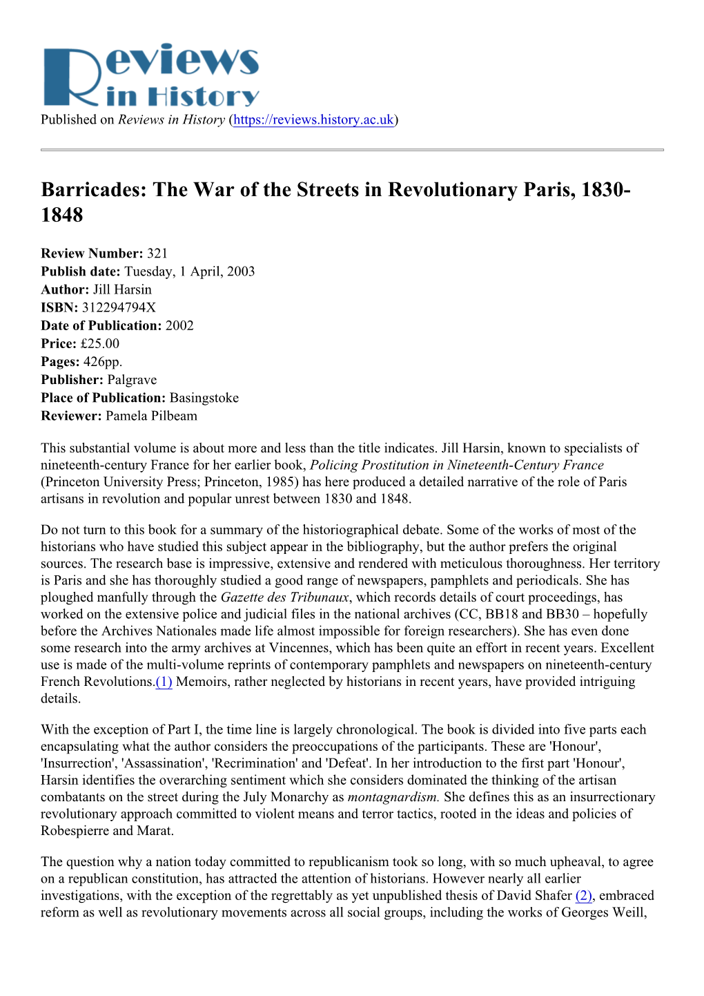 Barricades: the War of the Streets in Revolutionary Paris, 1830-1848