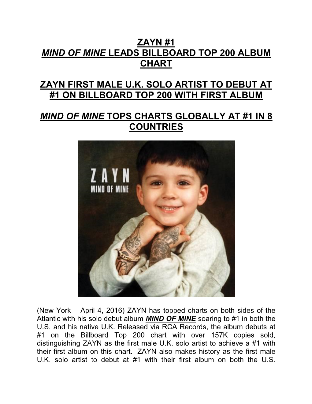 Zayn #1 Mind of Mine Leads Billboard Top 200 Album Chart