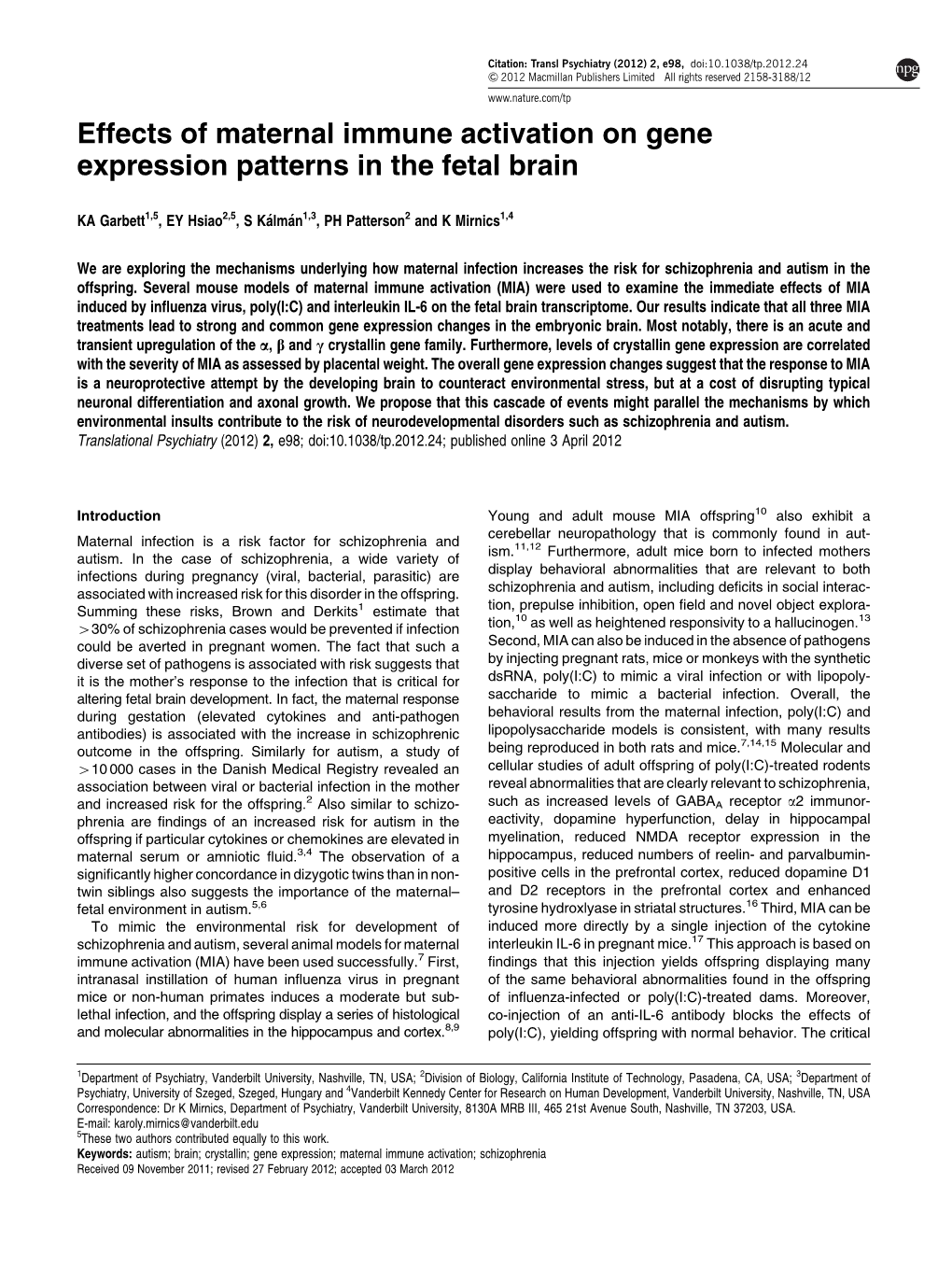 Effects of Maternal Immune Activation on Gene Expression Patterns in the Fetal Brain