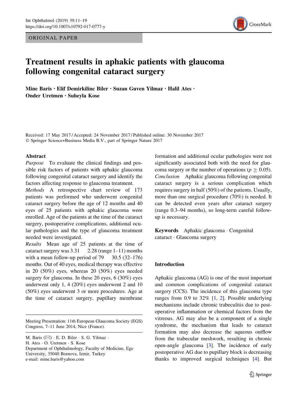 Treatment Results in Aphakic Patients with Glaucoma Following Congenital Cataract Surgery
