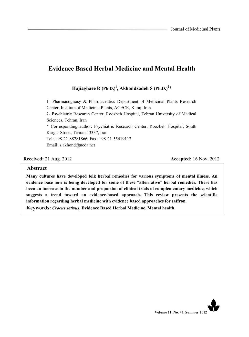 Evidence Based Herbal Medicine and Mental Health