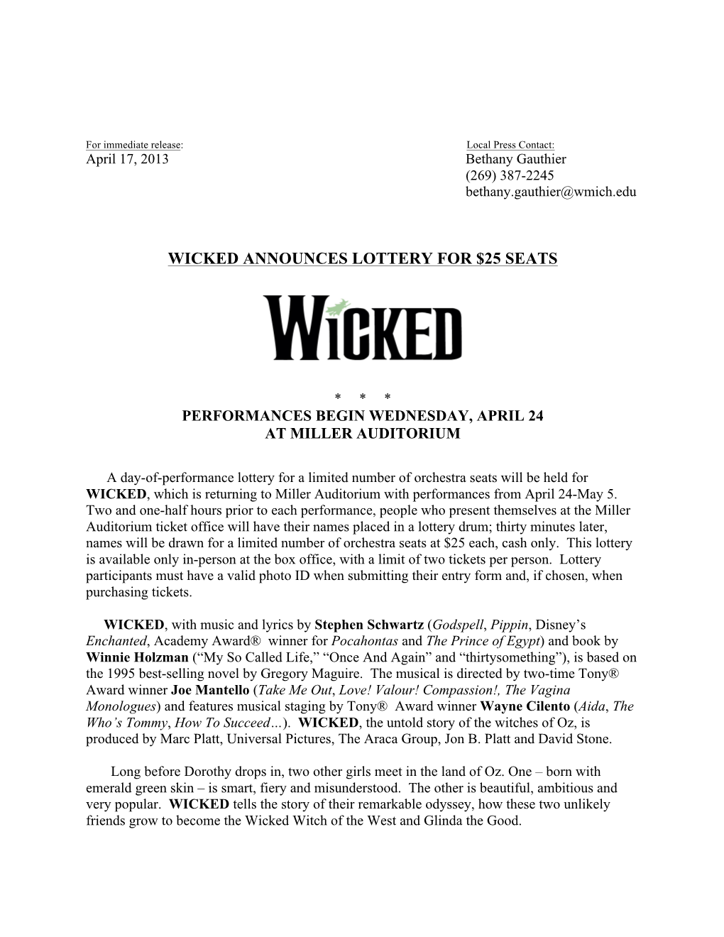 Wicked Announces Lottery for $25 Seats