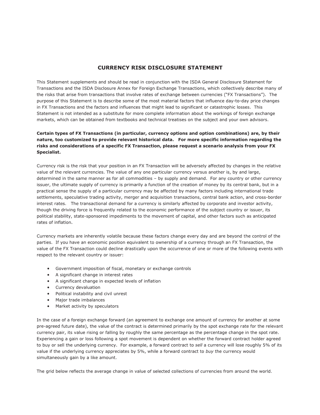 Currency Risk Disclosure Statement
