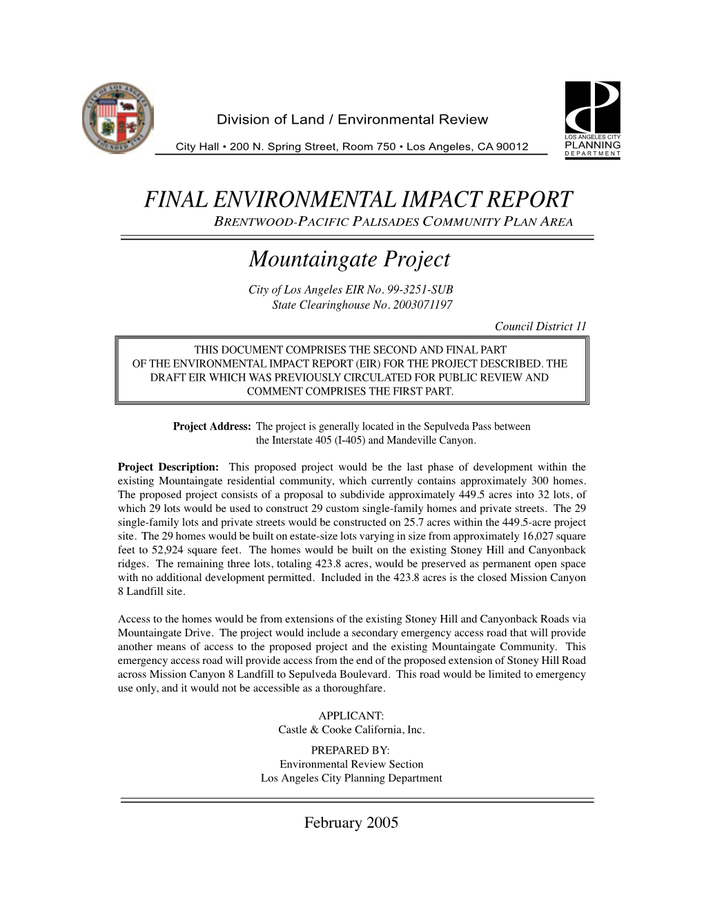 FINAL ENVIRONMENTAL IMPACT REPORT Mountaingate Project