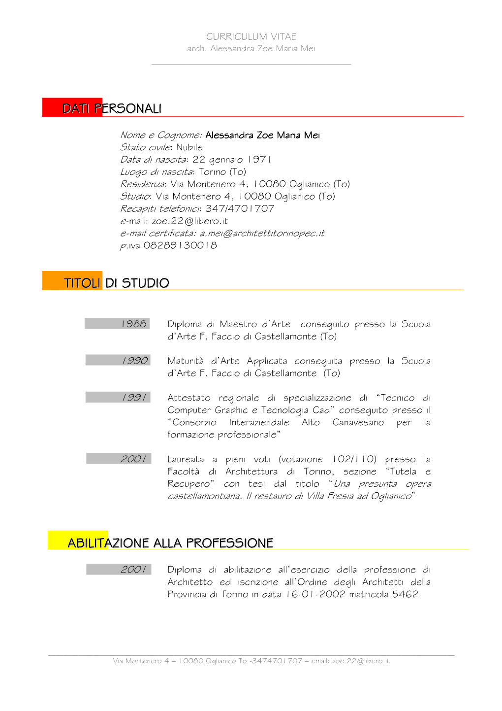 Dati Personali Titoli Di Studio Abilitazione Alla Professione