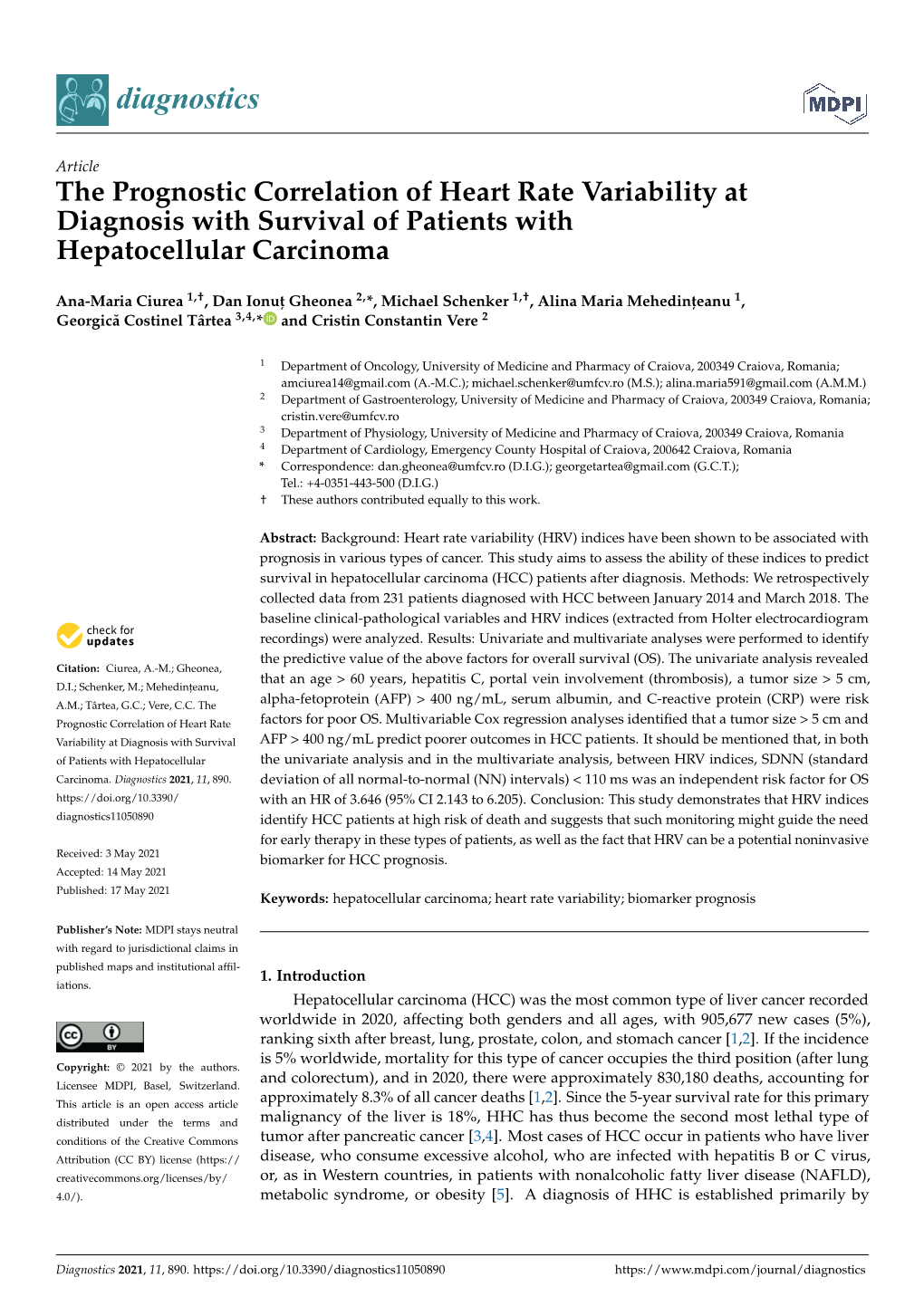 The Prognostic Correlation of Heart Rate Variability at Diagnosis with Survival of Patients with Hepatocellular Carcinoma