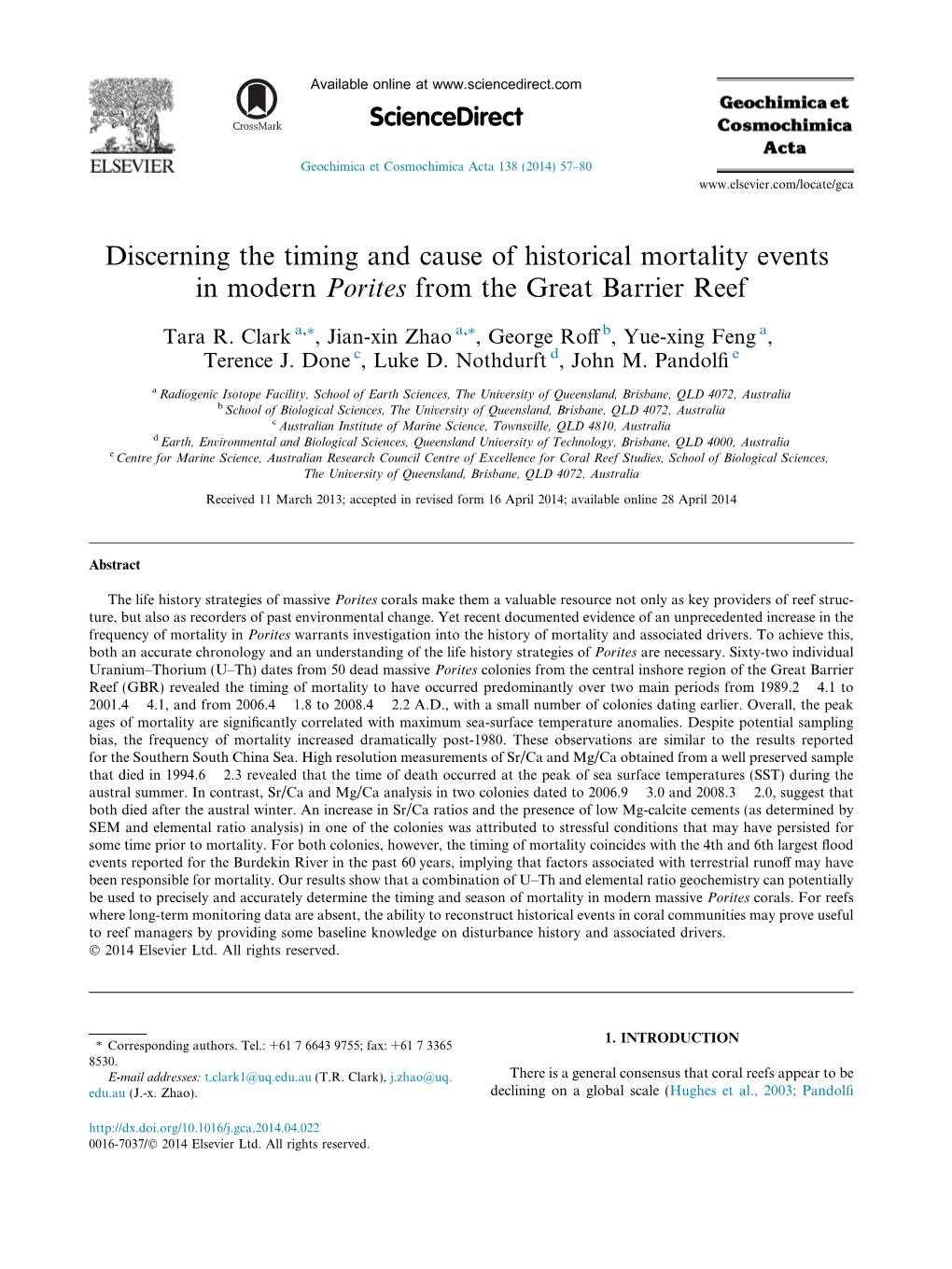 Discerning the Timing and Cause of Historical Mortality Events in Modern Porites from the Great Barrier Reef