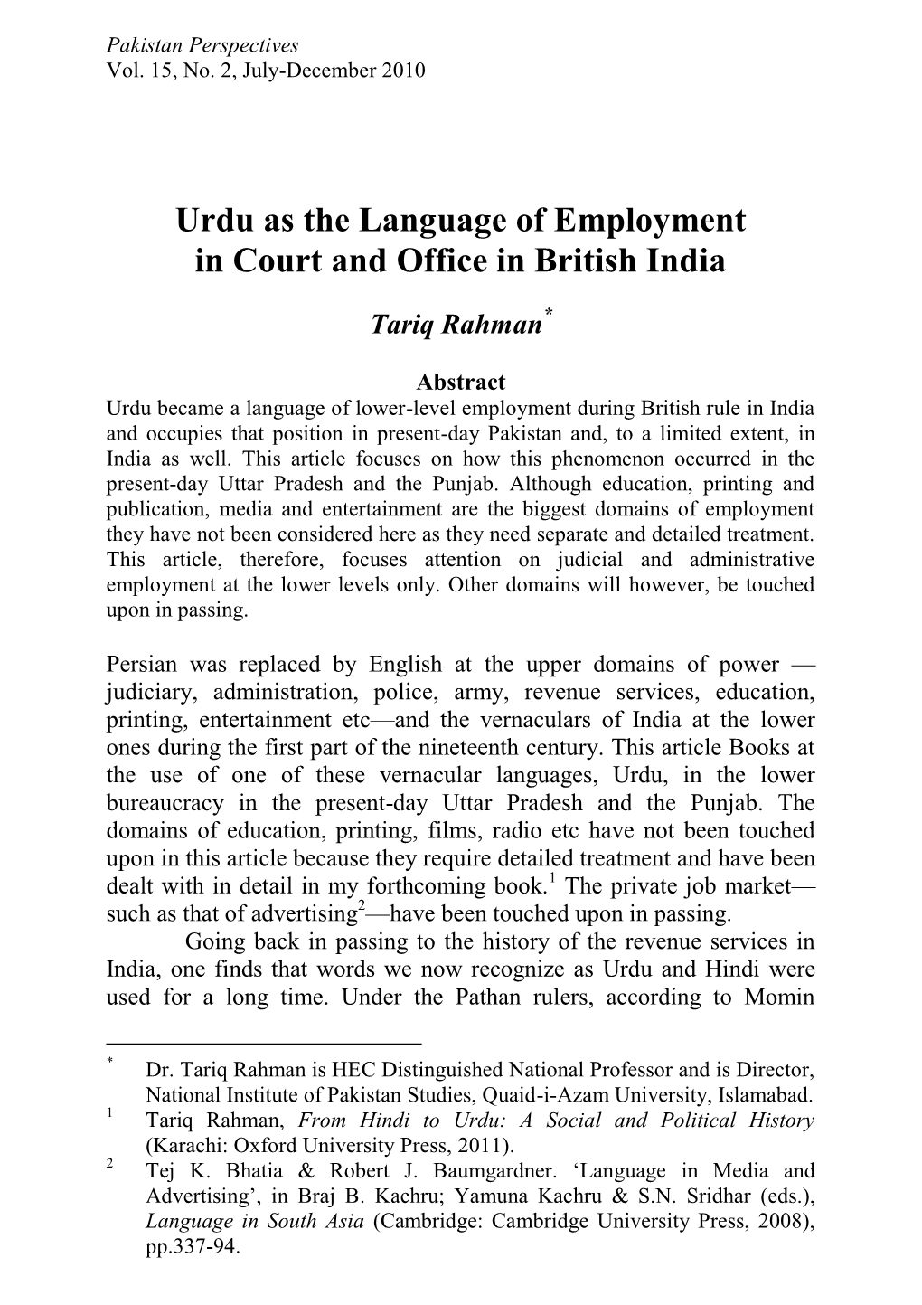 Urdu As the Language of Employment in Court and Office in British India