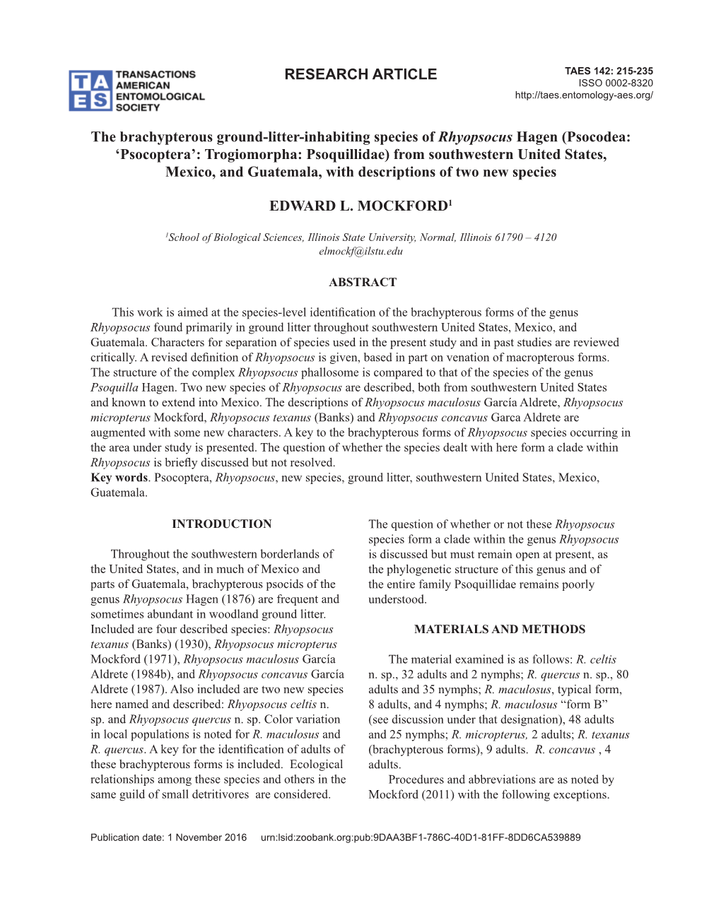 RESEARCH ARTICLE the Brachypterous Ground-Litter-Inhabiting Species of Rhyopsocus Hagen