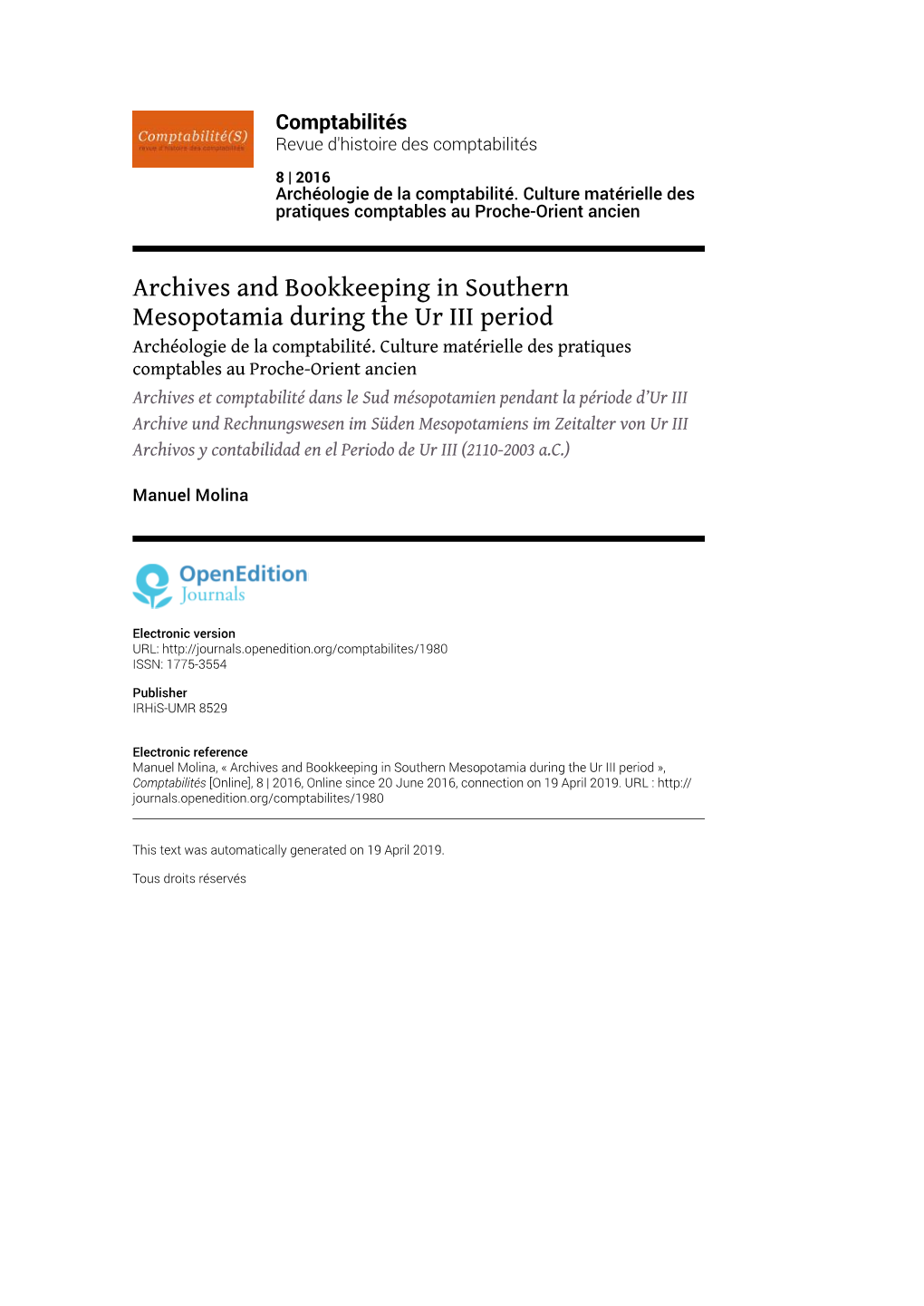 Comptabilités, 8 | 2016 Archives and Bookkeeping in Southern Mesopotamia During the Ur III Period 2