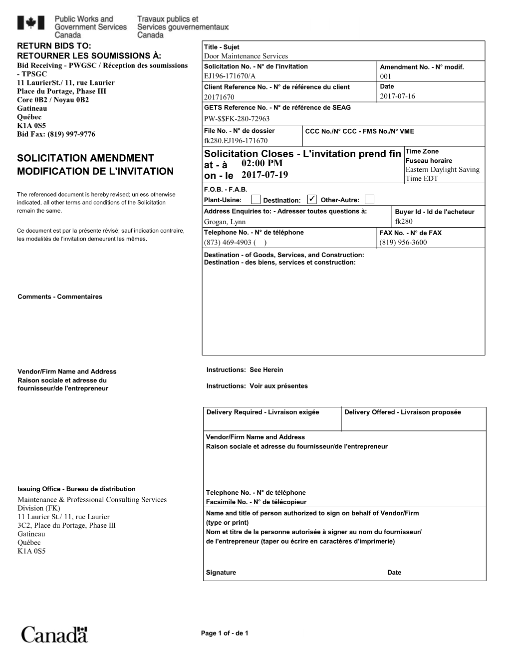 Solicitation Amendment Modification De L'invitation