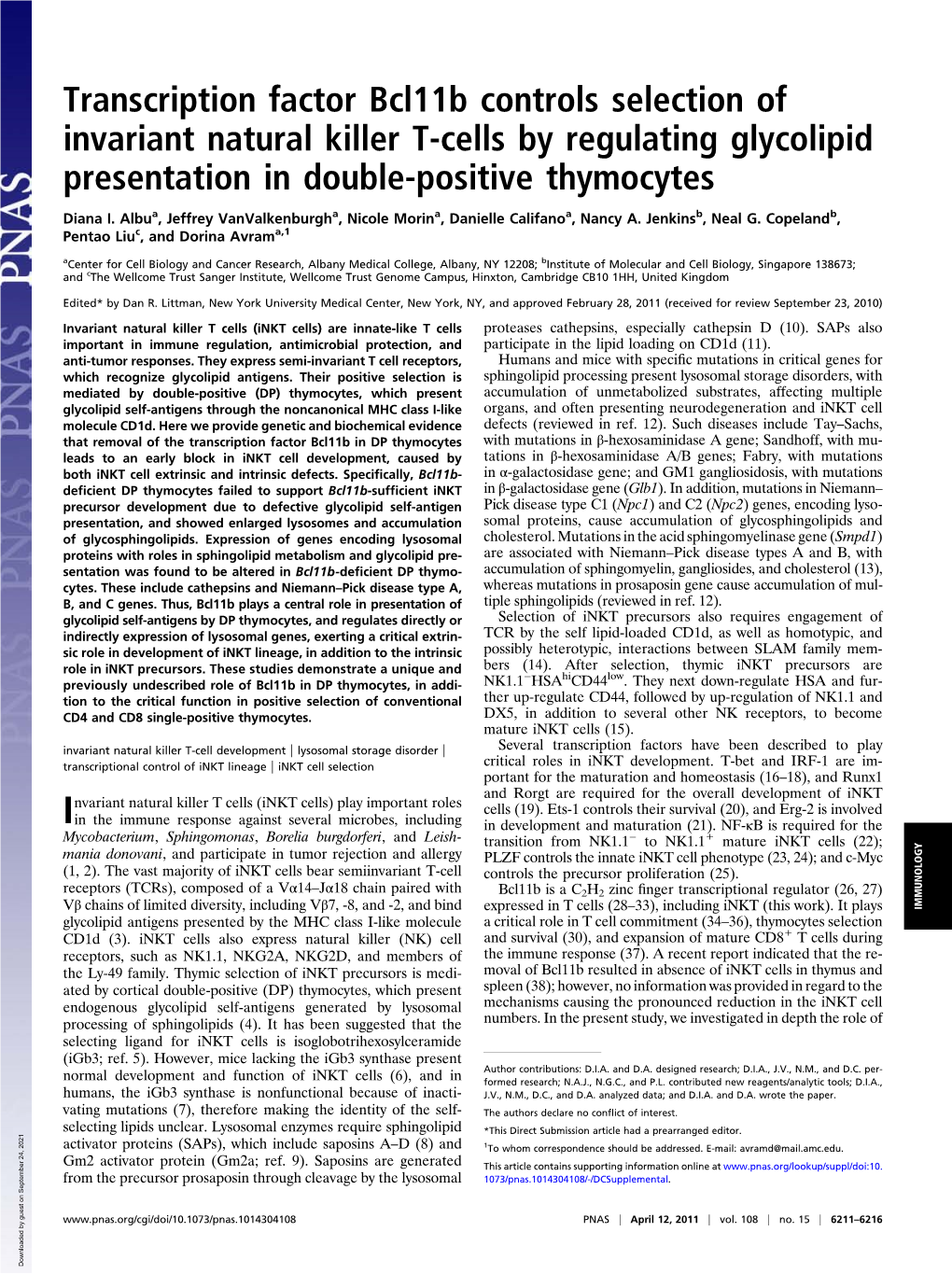 Transcription Factor Bcl11b Controls Selection of Invariant Natural Killer T-Cells by Regulating Glycolipid Presentation in Double-Positive Thymocytes