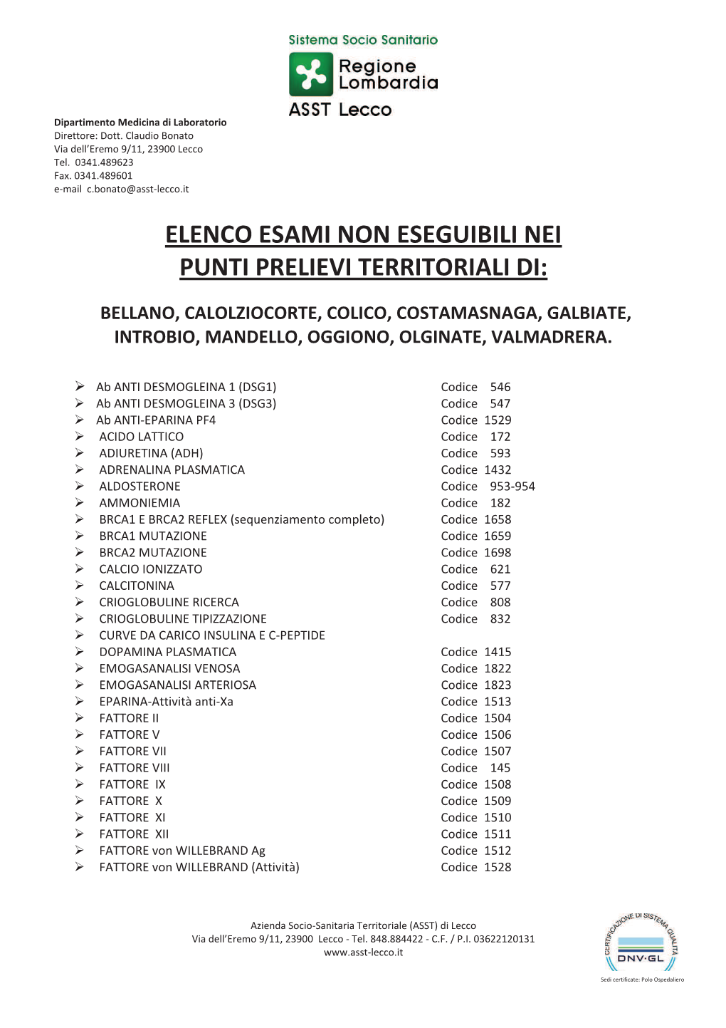 Elenco Esami Non Eseguibili Nei Punti Prelievi Territoriali Di