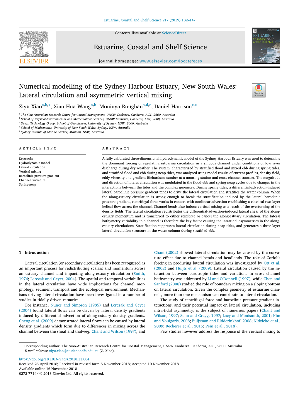 Numerical Modelling of the Sydney Harbour Estuary, New South Wales Lateral Circulation and Asymmetric Vertical Mixing