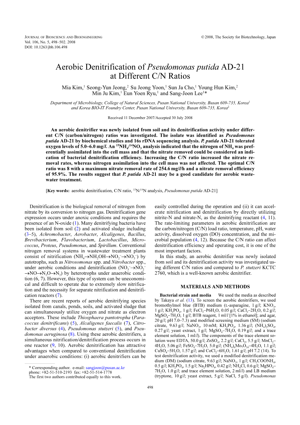 Aerobic Denitrification of Pseudomonas Putida AD-21 at Different C/N Ratios