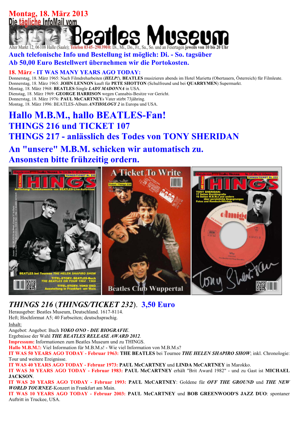 Hallo M.B.M., Hallo BEATLES-Fan! THINGS 216 Und TICKET 107 THINGS 217 - Anlässlich Des Todes Von TONY SHERIDAN