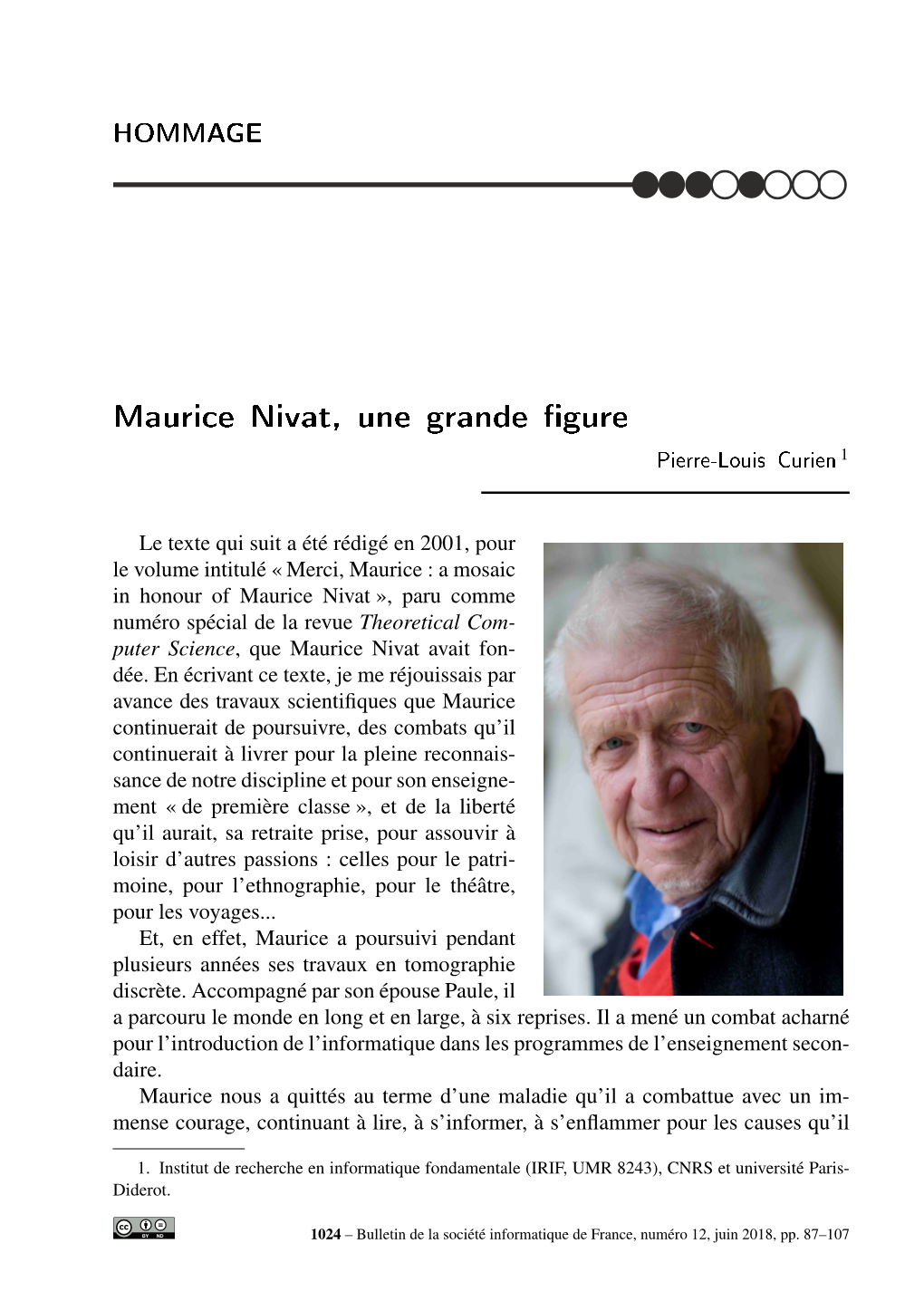 MAURICE NIVAT, UNE GRANDE FIGURE 89 ◦◦◦◦••◦◦ Une Brève Biographie Scientiﬁque De Maurice Nivat 2
