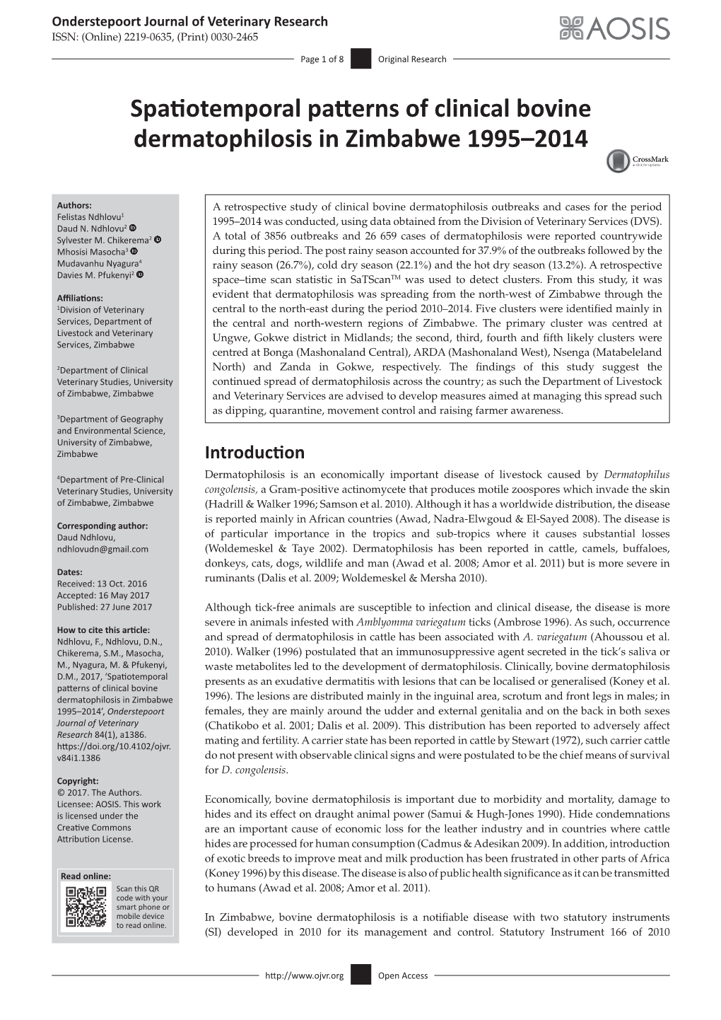 Spatiotemporal Patterns of Clinical Bovine Dermatophilosis in Zimbabwe 1995–2014