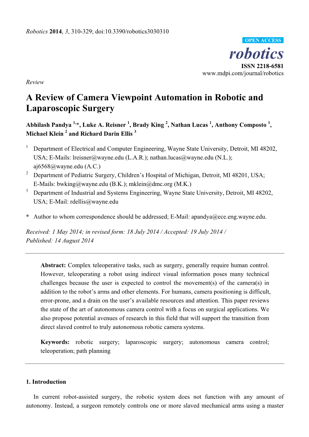 A Review of Camera Viewpoint Automation in Robotic and Laparoscopic Surgery