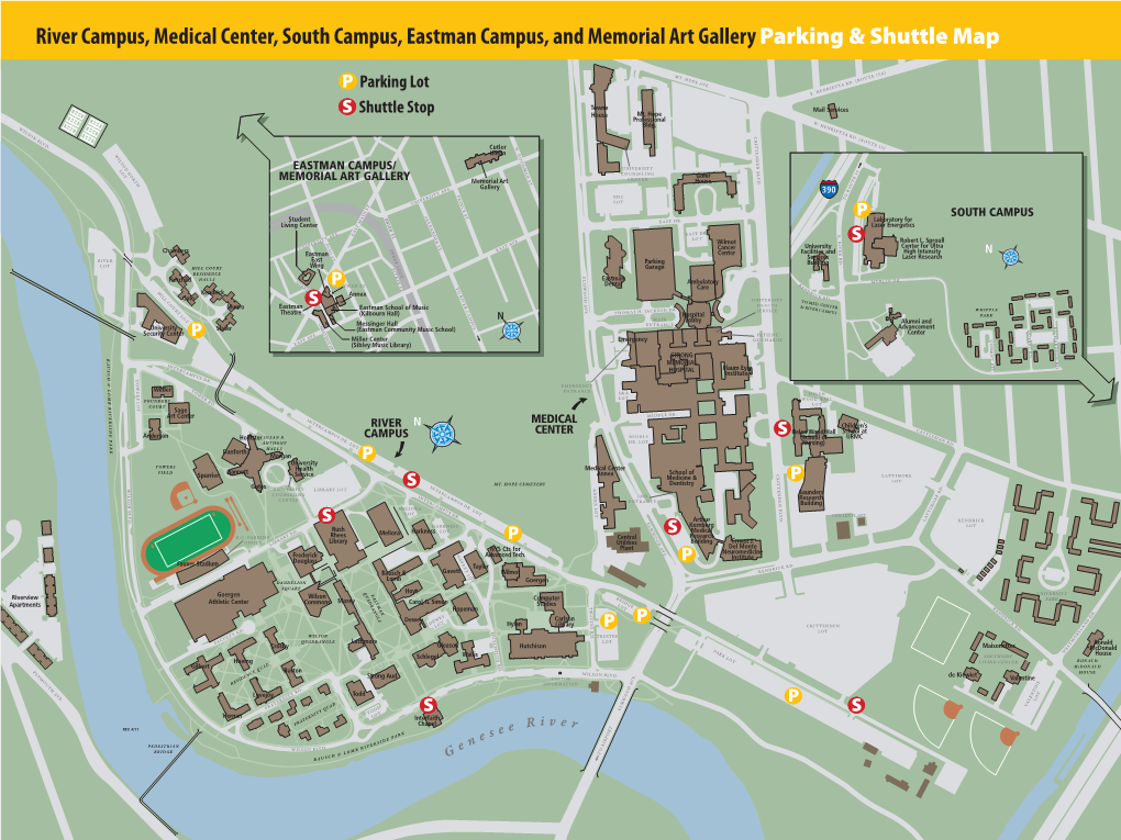 River Campus, Medical Center, South Campus, Eastman Campus, and Memorial Art Gallery Parking & Shuttle Map