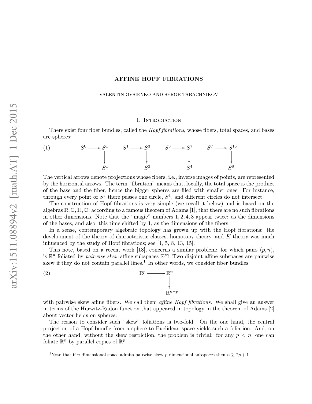 Arxiv:1511.08894V2 [Math.AT] 1 Dec 2015  N−P R with Pairwise Skew Aﬃne ﬁbers