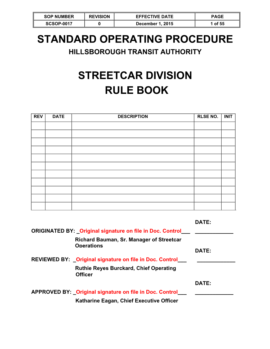 Standard Operating Procedure Streetcar Division Rule Book