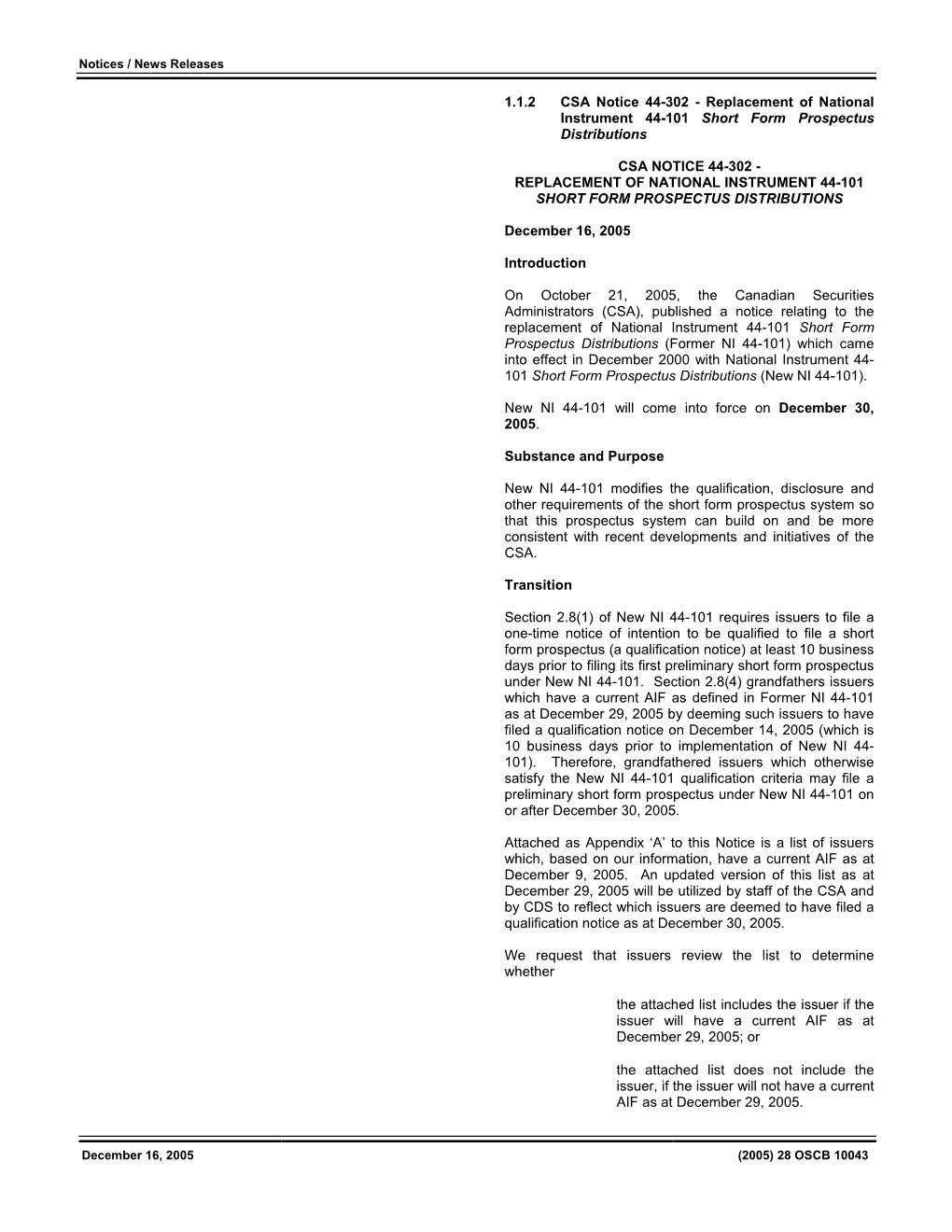 CSA Notice 44-302 - Replacement of National Instrument 44-101 Short Form Prospectus Distributions