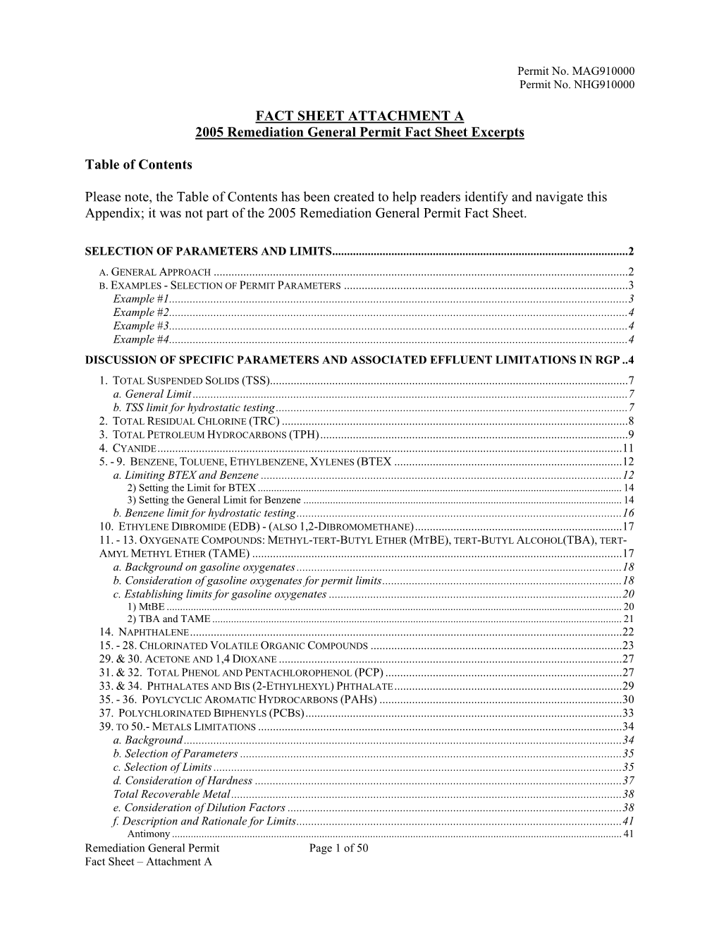 2005 Remediation General Permit Fact Sheet Excerpts