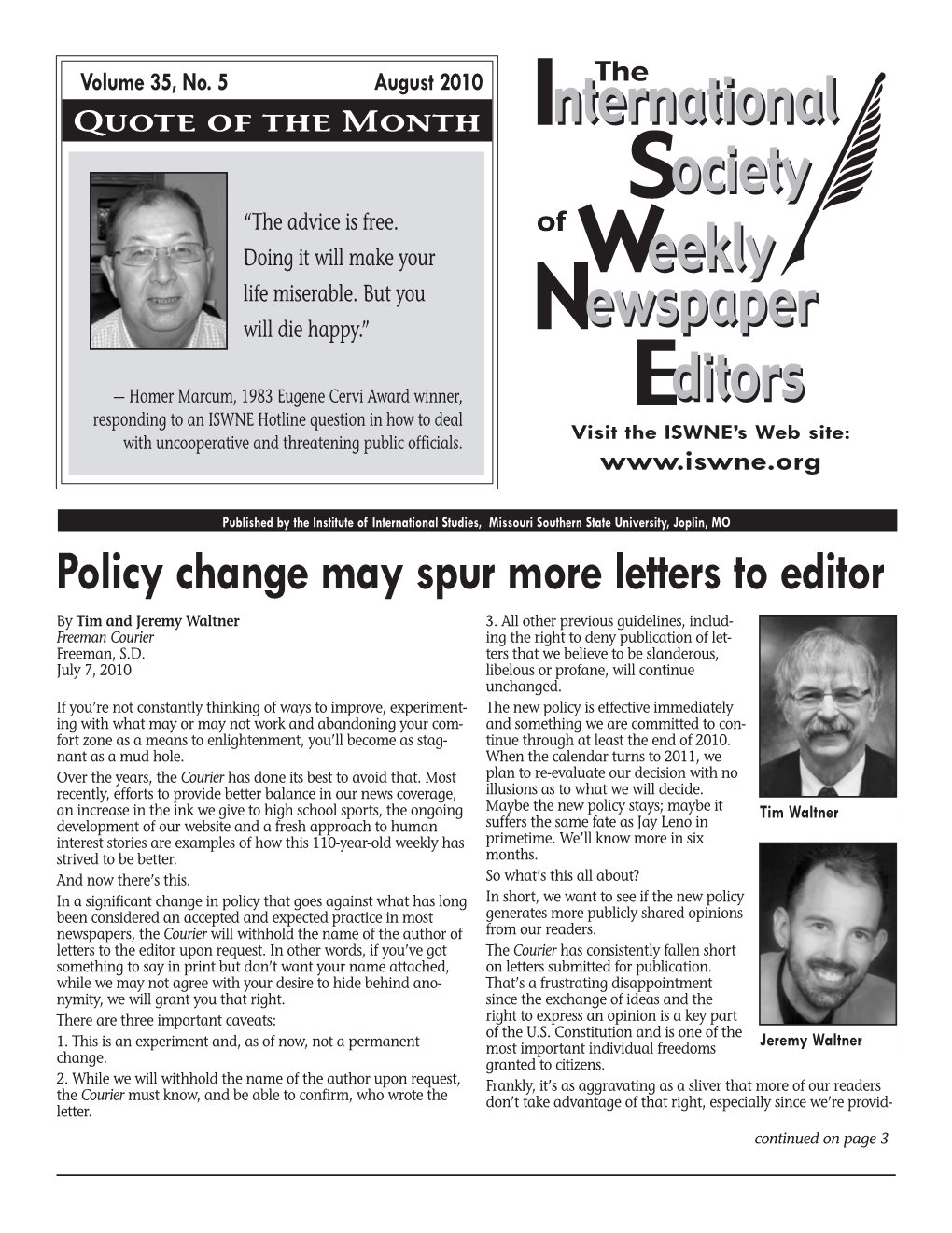 Policy Change May Spur More Letters to Editor by Tim and Jeremy Waltner 3