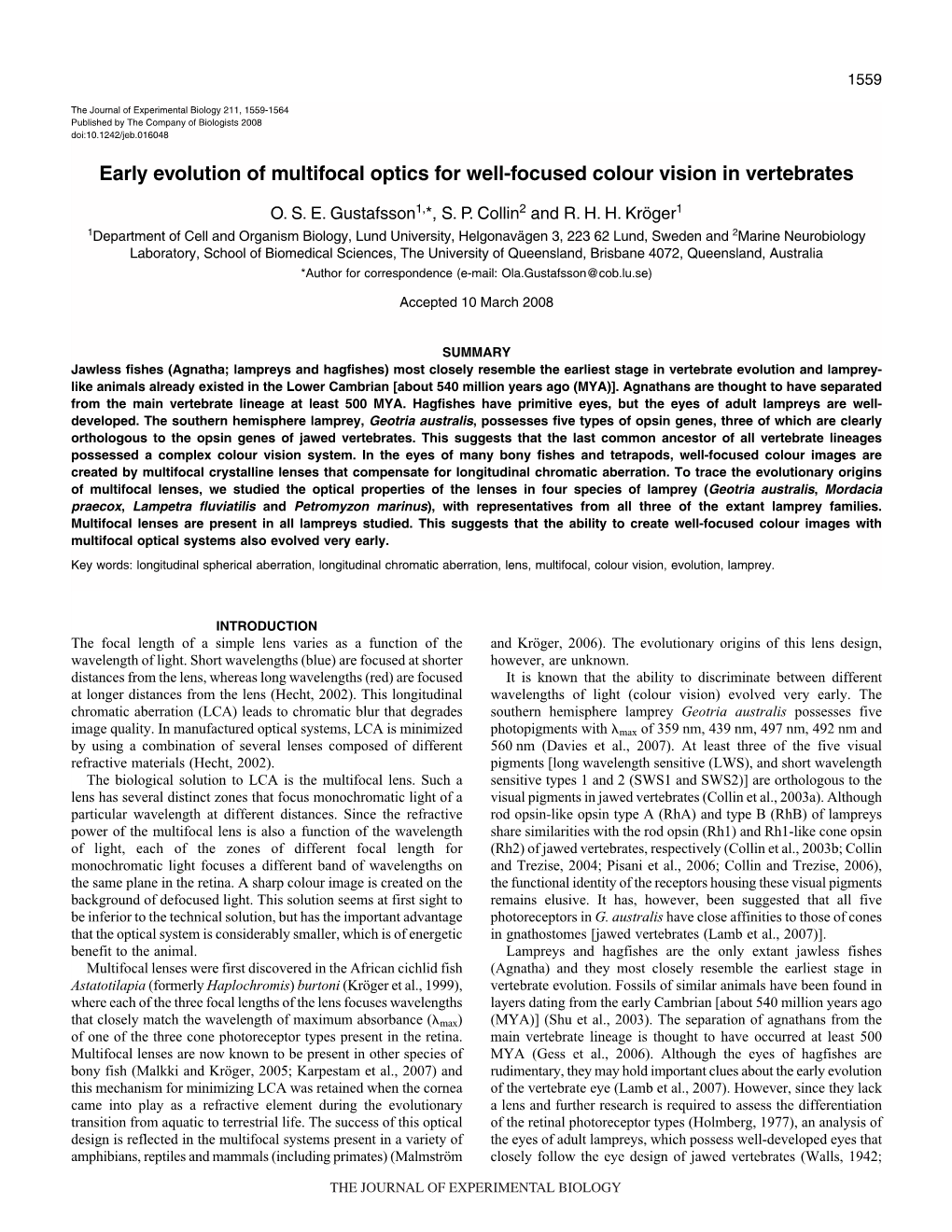 Early Evolution of Multifocal Optics for Well-Focused Colour Vision in Vertebrates