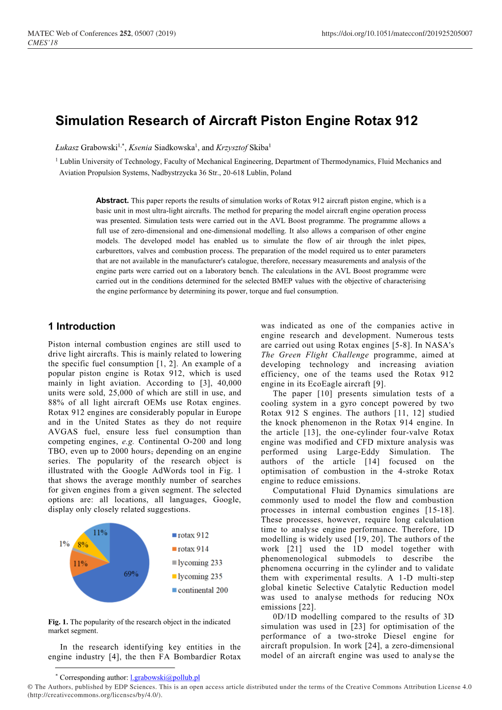 Simulation Research of Aircraft Piston Engine Rotax 912