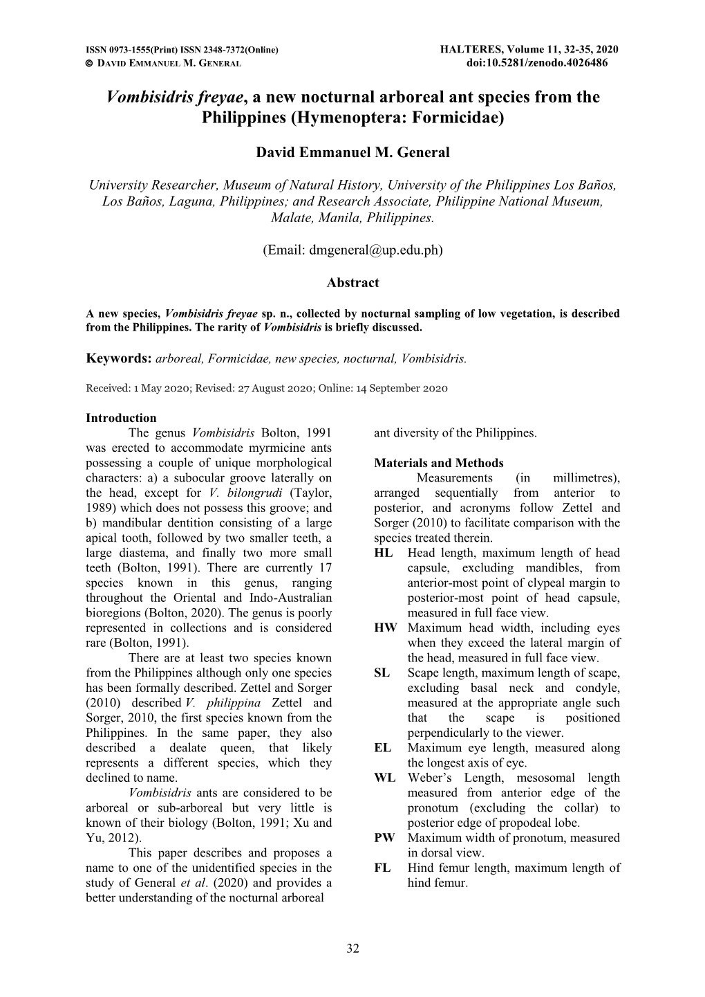 Vombisidris Freyae, a New Nocturnal Arboreal Ant Species from the Philippines (Hymenoptera: Formicidae)