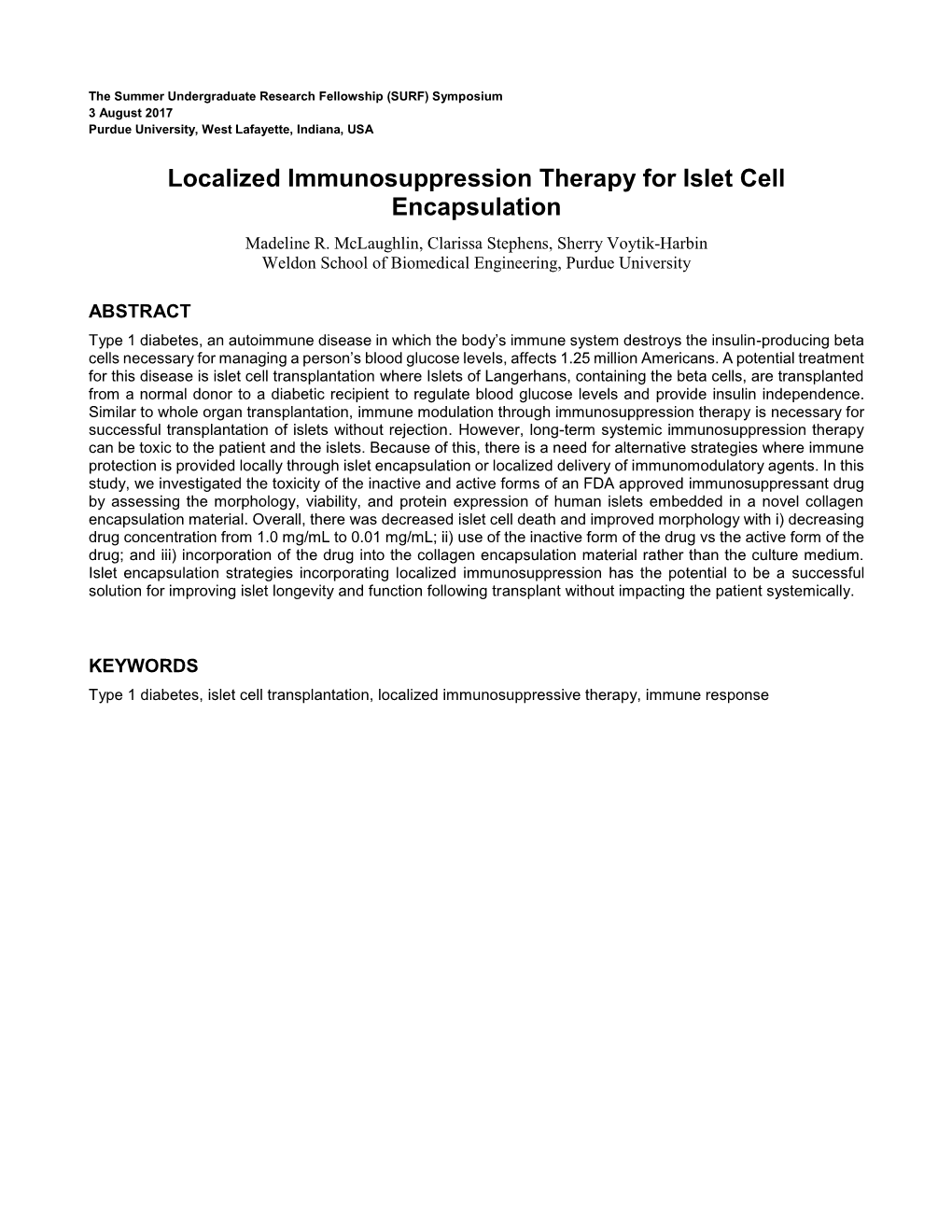 Localized Immunosuppression Therapy for Islet Cell Encapsulation Madeline R