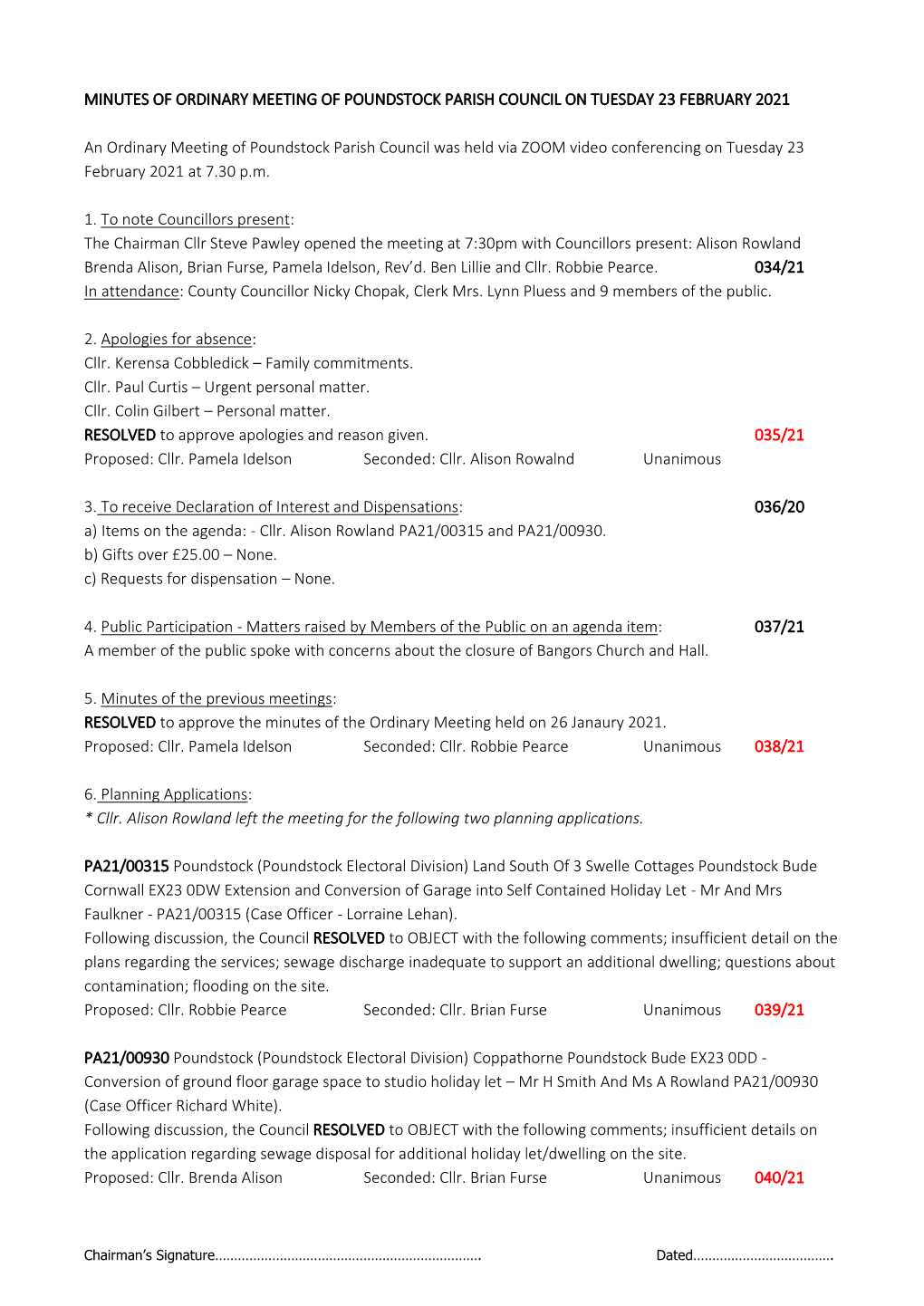 Minutes of Ordinary Meeting of Poundstock Parish Council on Tuesday 23 February 2021