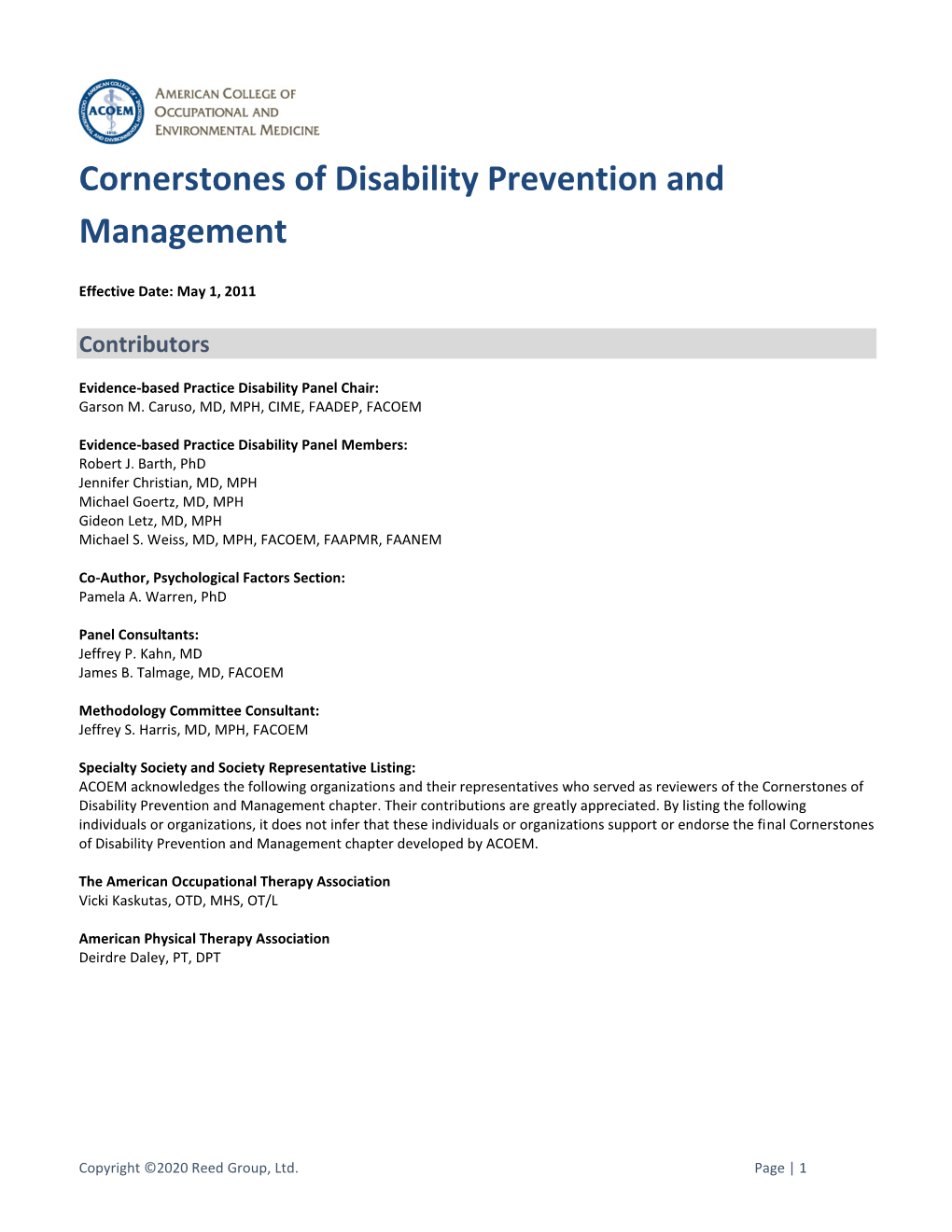 Cornerstones of Disability Prevention and Management