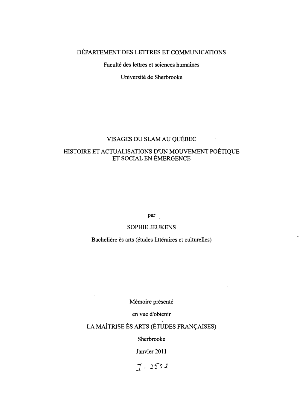 DÉPARTEMENT DES LETTRES ET COMMUNICATIONS Faculté Des