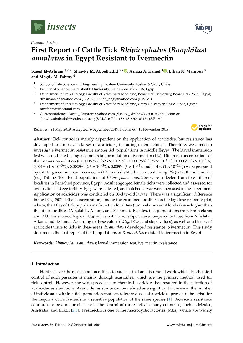 First Report of Cattle Tick Rhipicephalus (Boophilus) Annulatus in Egypt Resistant to Ivermectin