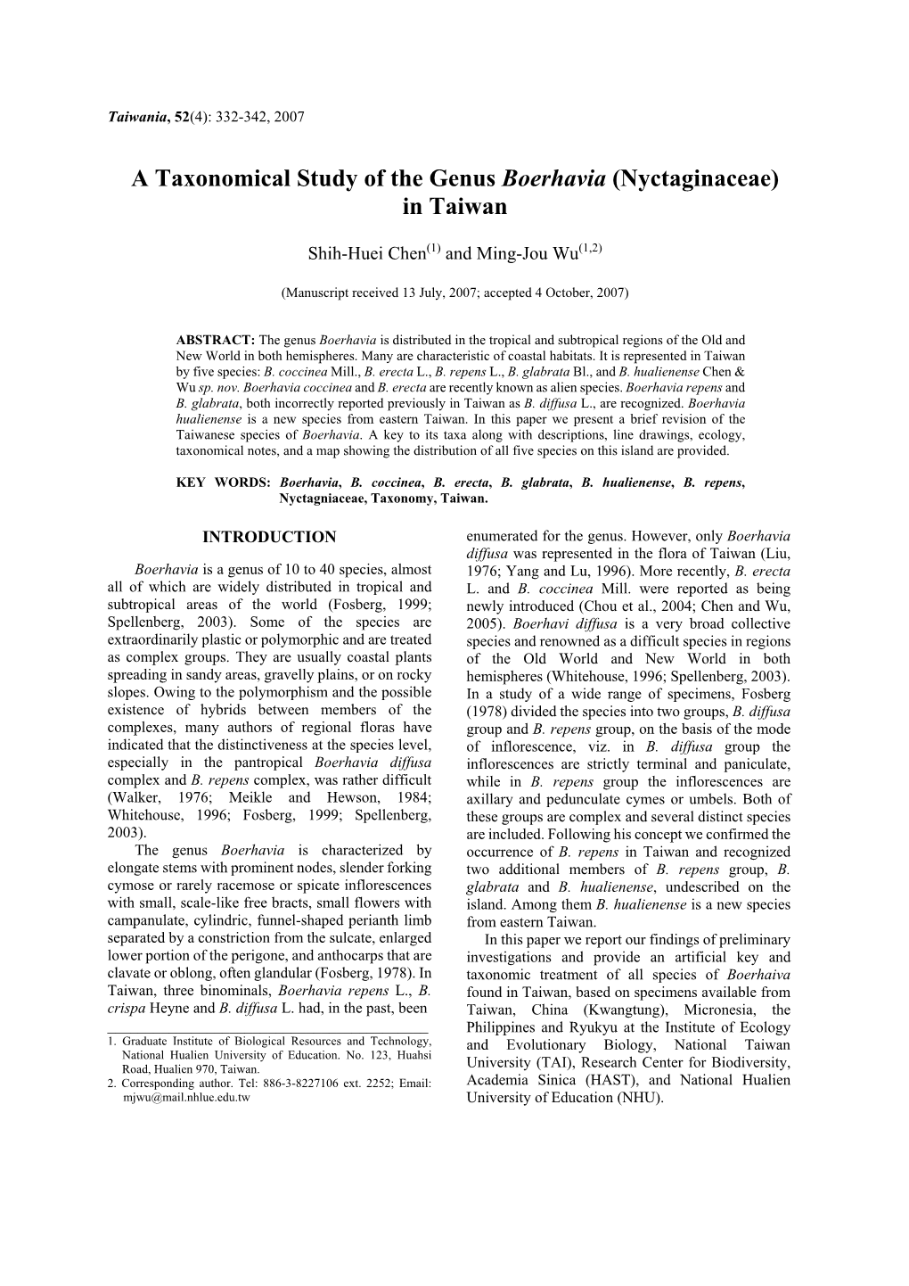 A Taxonomical Study of the Genus Boerhavia (Nyctaginaceae) in Taiwan