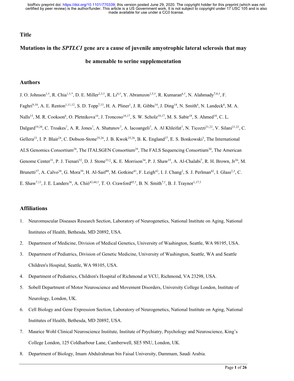 Mutations in the SPTLC1 Gene Are a Cause of Juvenile Amyotrophic Lateral Sclerosis That May