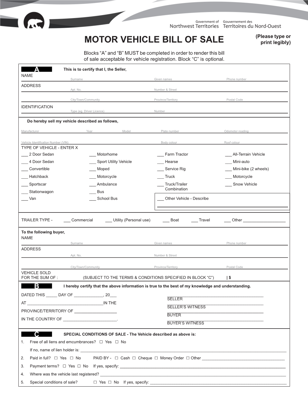 MOTOR VEHICLE BILL of SALE Print Legibly)