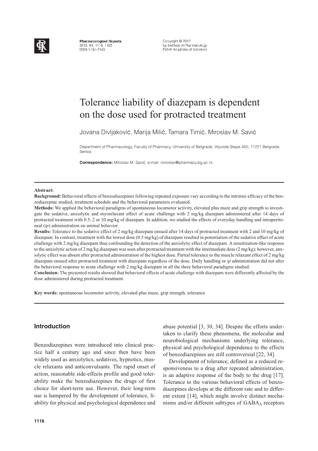 Tolerance Liability of Diazepam Is Dependent on the Dose Used For