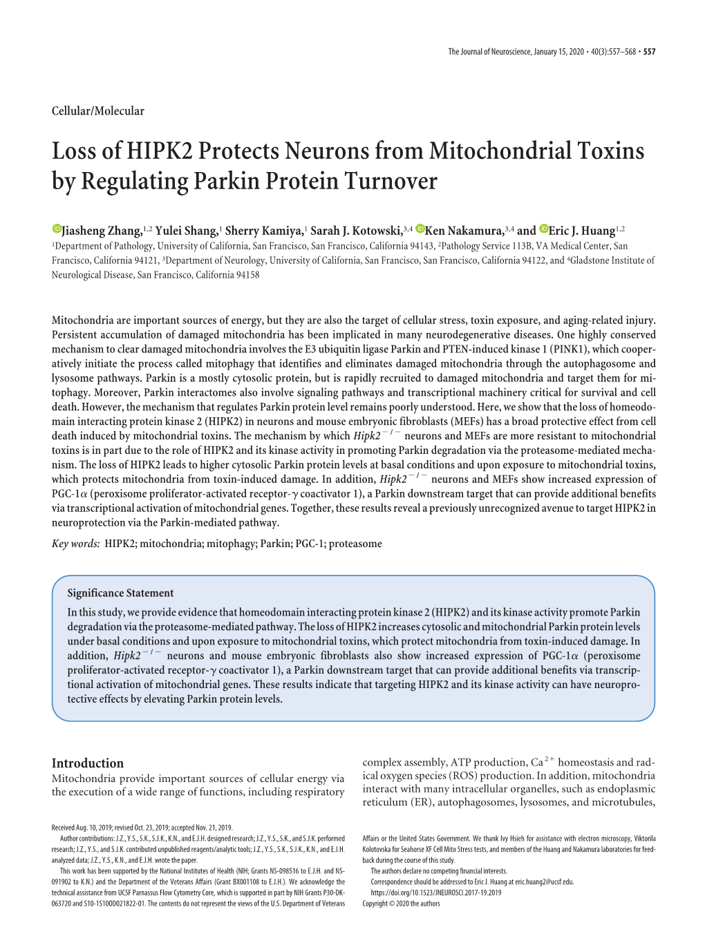 Loss of HIPK2 Protects Neurons from Mitochondrial Toxins by Regulating Parkin Protein Turnover