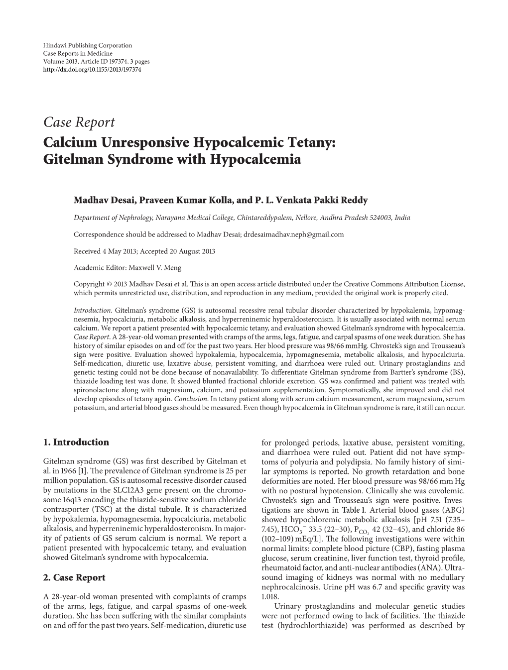 Calcium Unresponsive Hypocalcemic Tetany: Gitelman Syndrome with Hypocalcemia