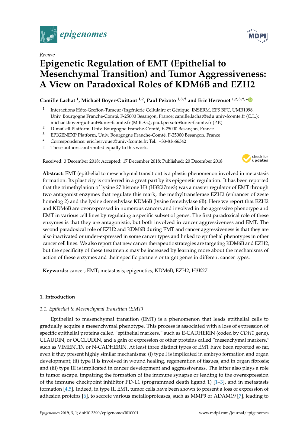 Epigenetic Regulation of EMT (Epithelial to Mesenchymal Transition) and Tumor Aggressiveness: a View on Paradoxical Roles of KDM6B and EZH2