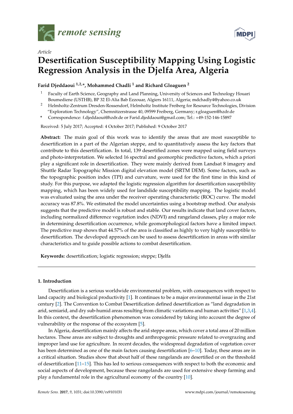 Desertification Susceptibility Mapping Using Logistic Regression Analysis