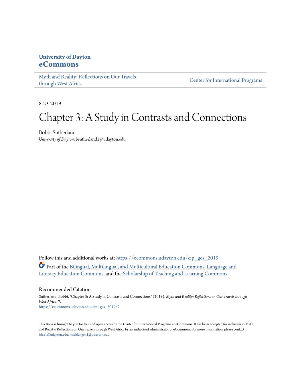 Chapter 3: a Study in Contrasts and Connections Bobbi Sutherland University of Dayton, Bsutherland1@Udayton.Edu