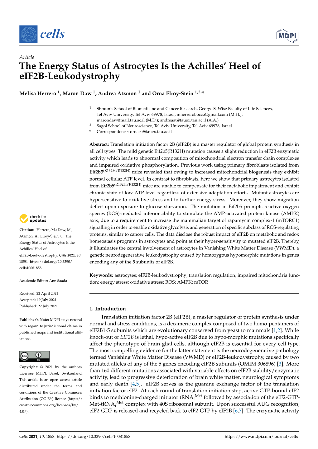 The Energy Status of Astrocytes Is the Achilles' Heel of Eif2b