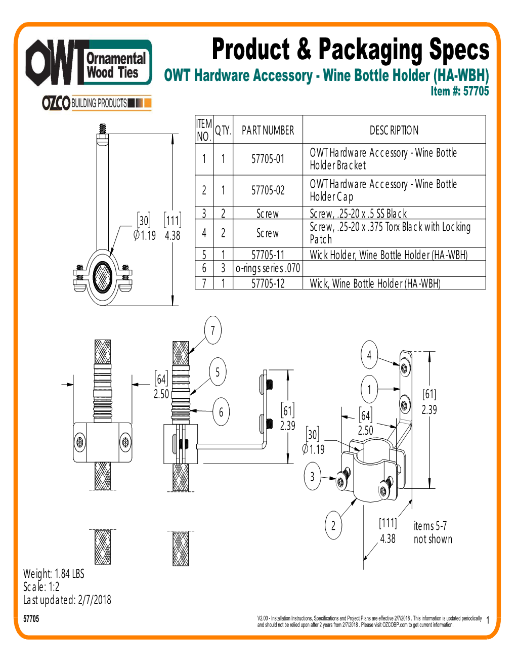 OZCO Product Specs for 57705 HA-WBH Bottle Holder