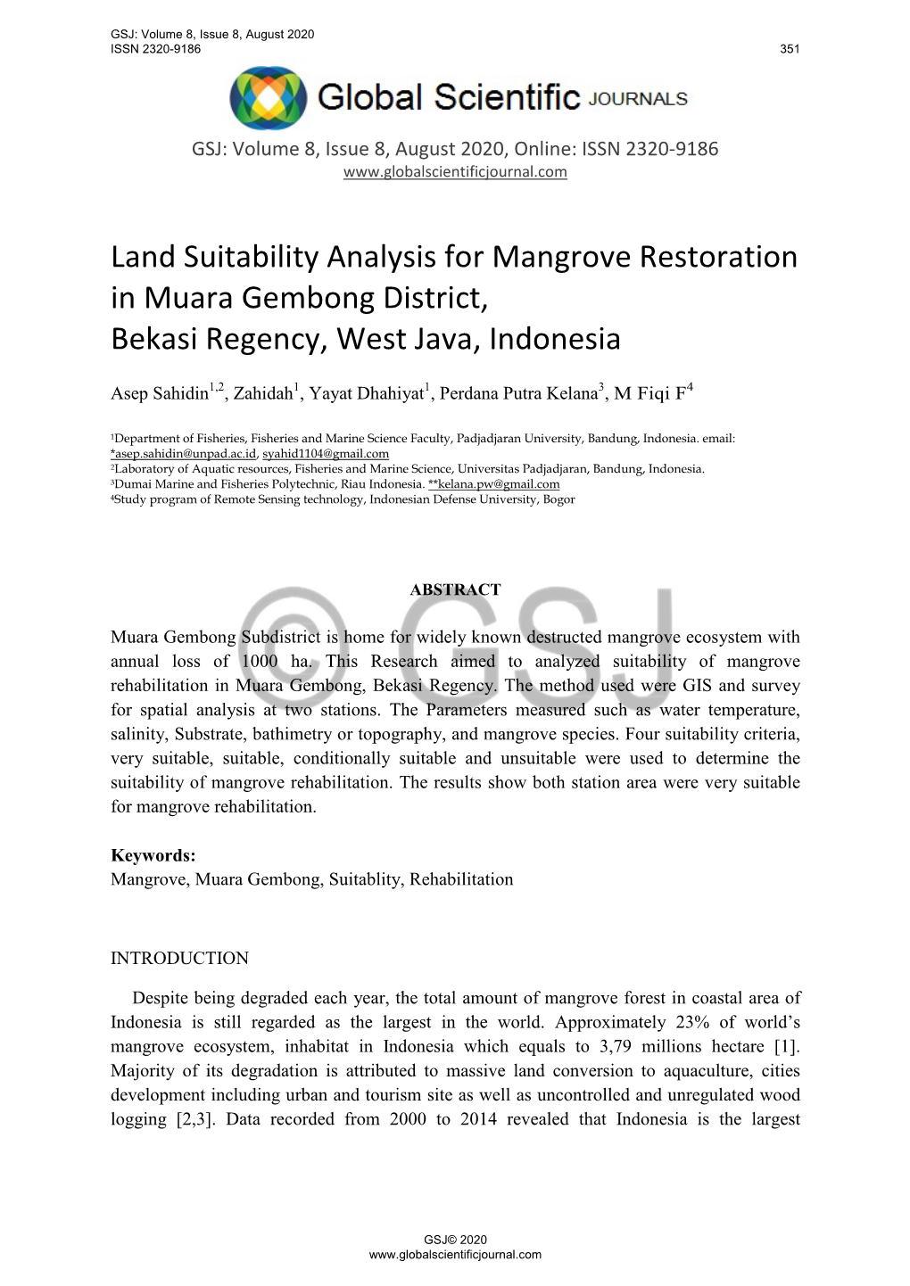 Land Suitability Analysis for Mangrove Restoration in Muara Gembong District, Bekasi Regency, West Java, Indonesia